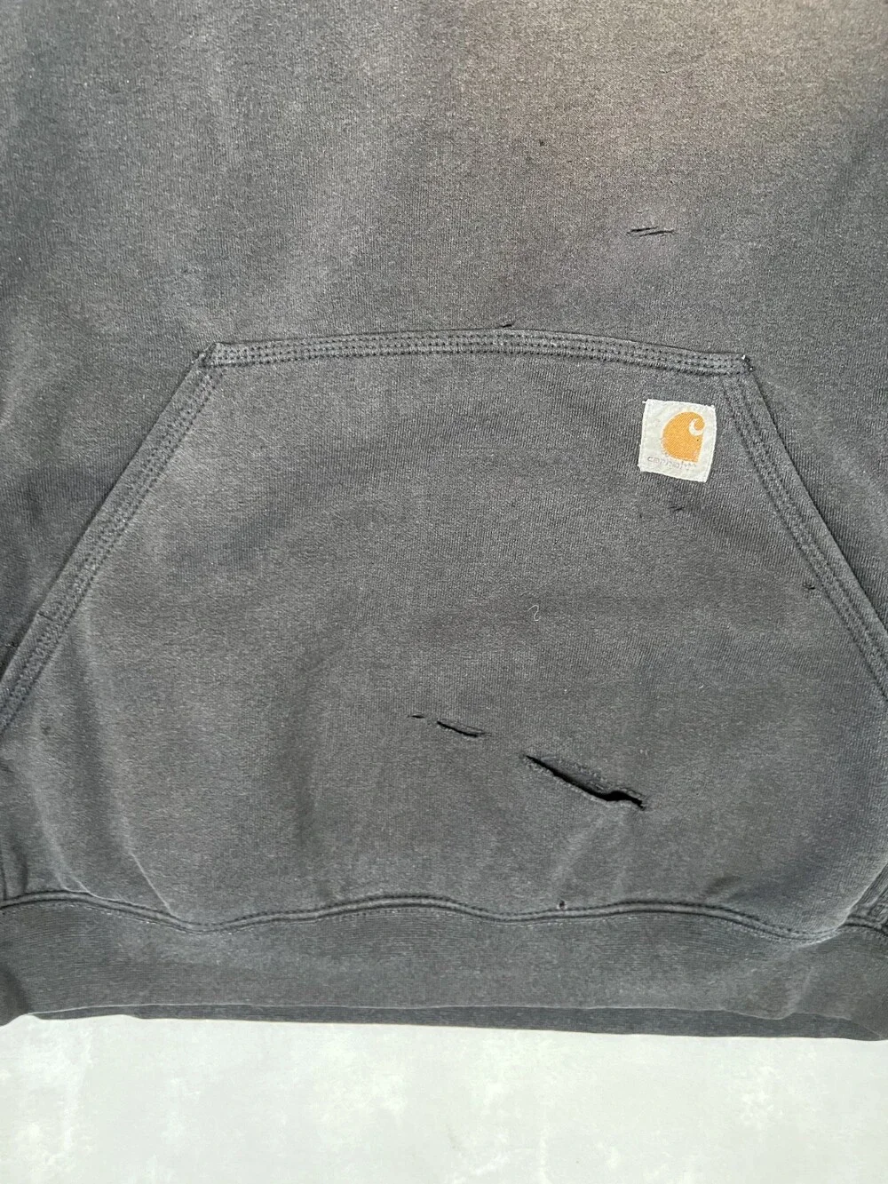 Carhartt Hoodie Sweatshirt Mens XL Black Spell Out Arm Sun Faded Thrashed